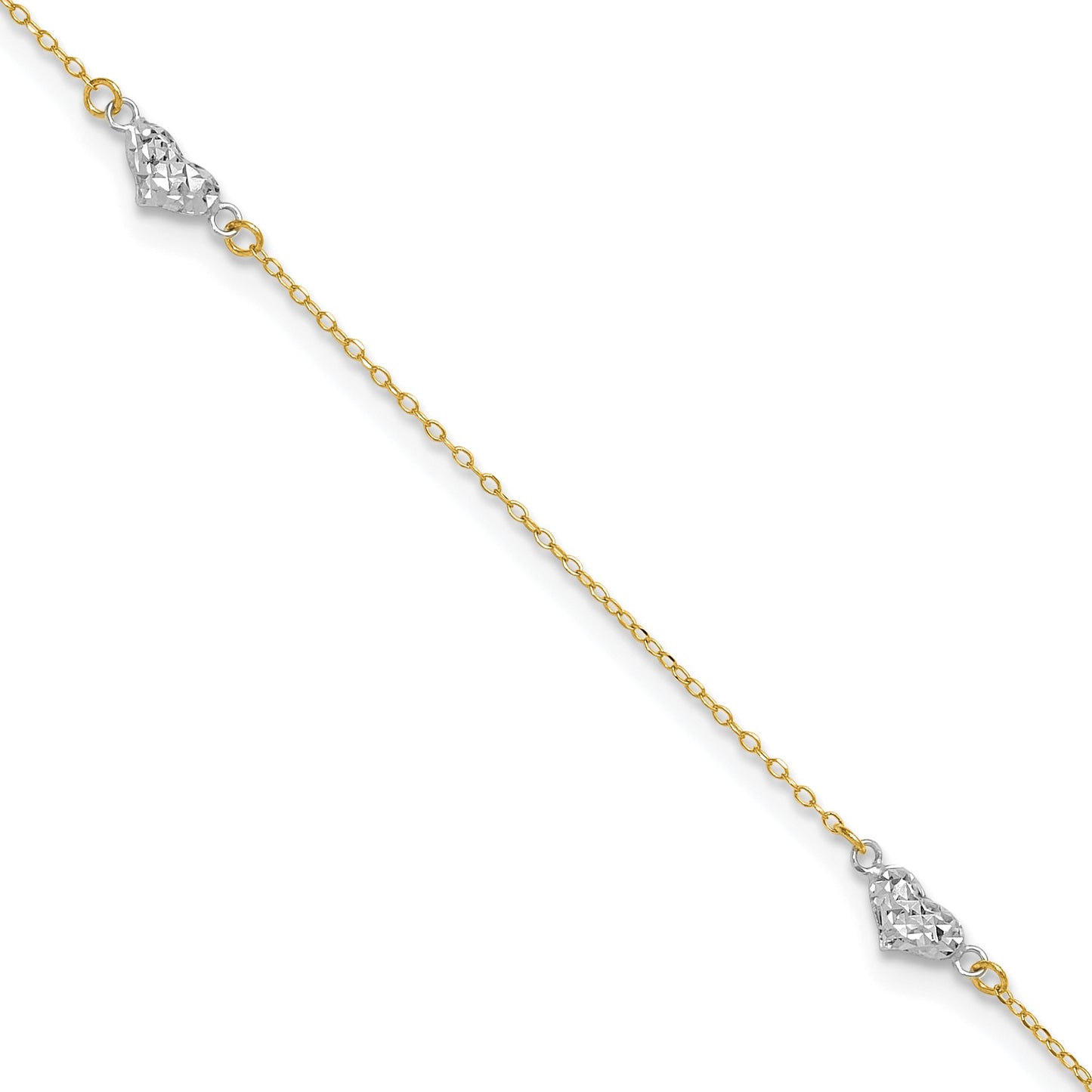 14k Two-tone Diamond-cut Triple Puffed Hearts 9 inch Plus 1 inch Extender - Total 10 inch Anklet