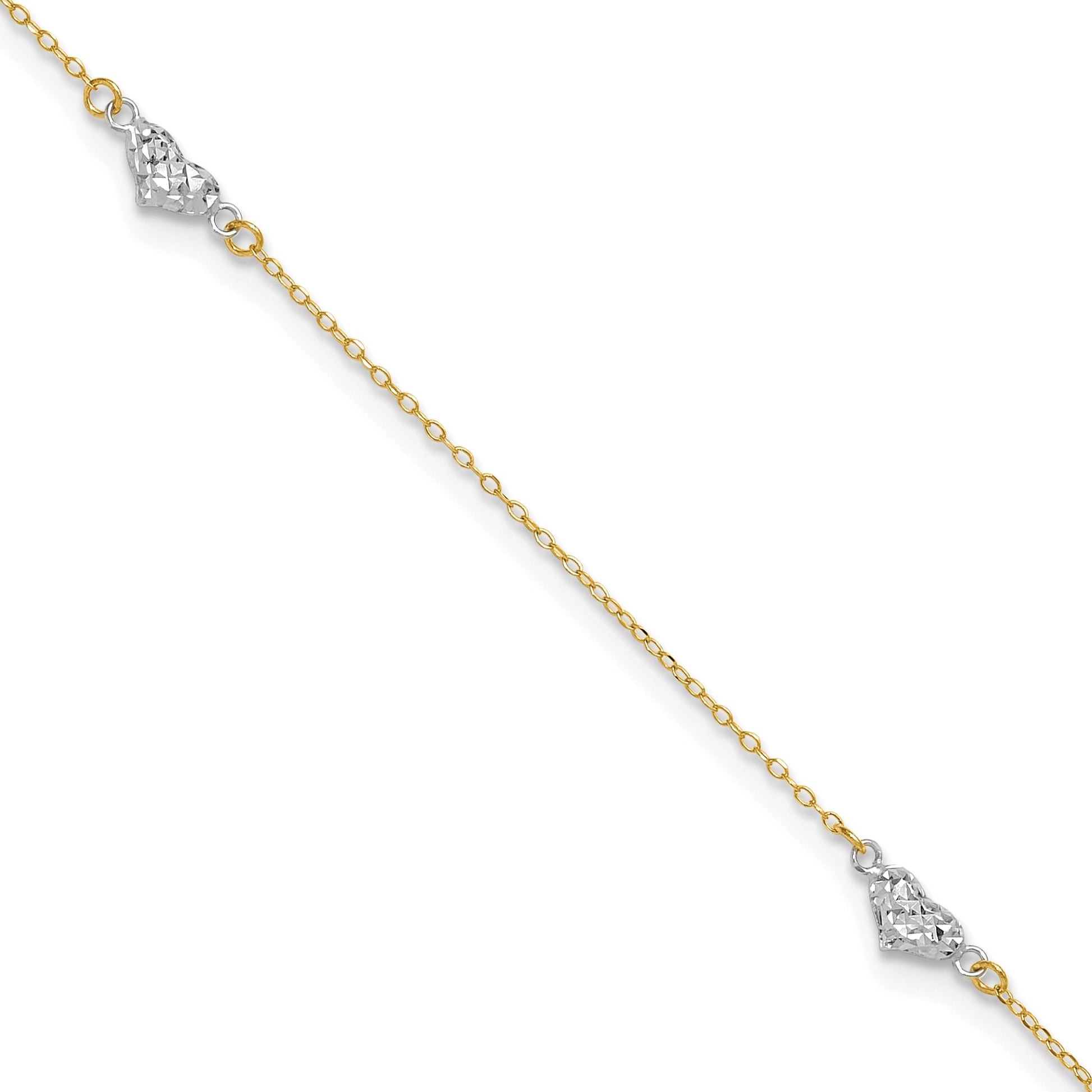 14k Two-tone Diamond-cut Triple Puffed Hearts 9 inch Plus 1 inch Extender - Total 10 inch Anklet