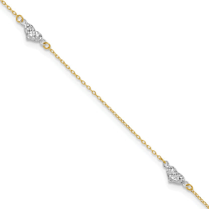 14k Two-tone Diamond-cut Triple Puffed Hearts 9 inch Plus 1 inch Extender - Total 10 inch Anklet