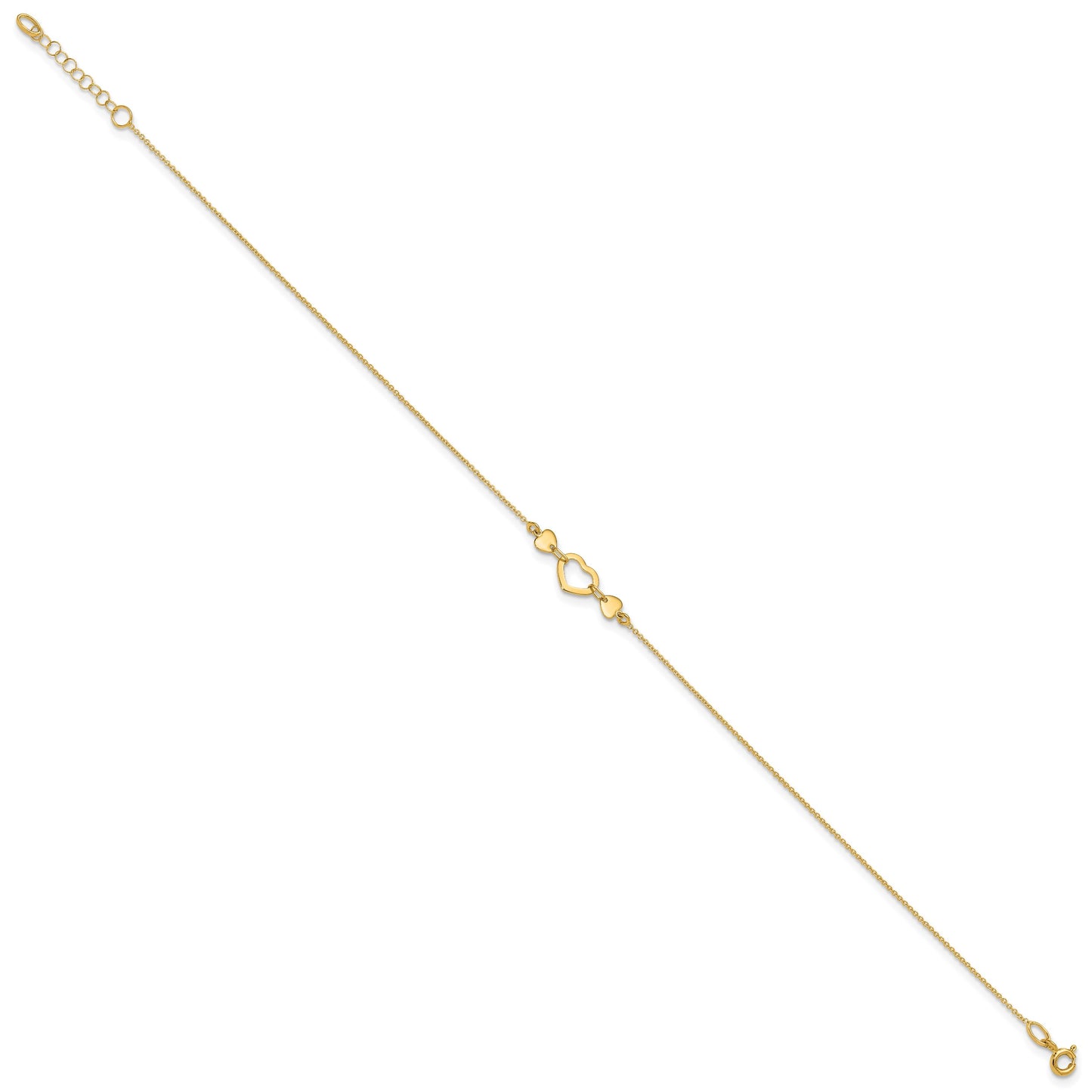 14k Polished Open Heart 10 inch Plus 0.75 inch Extender - Total 10.75 inch Anklet