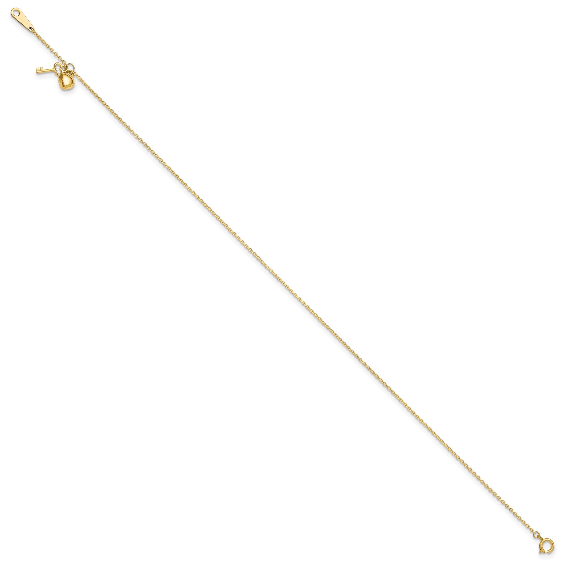 14k Cable Chain with Puffed Heart and Key Dangle 9 inch Plus 1 inch Extender - Total 10 inch Anklet