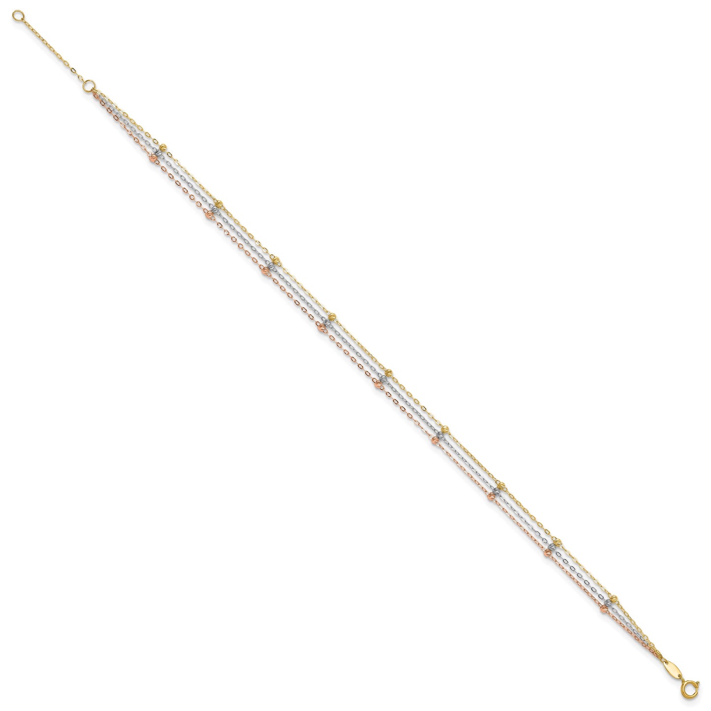 14k Tri-color 3-Strand Diamond-cut Beaded 9-Station 9 inch Plus 1 inch Extender - Total 10 inch Anklet
