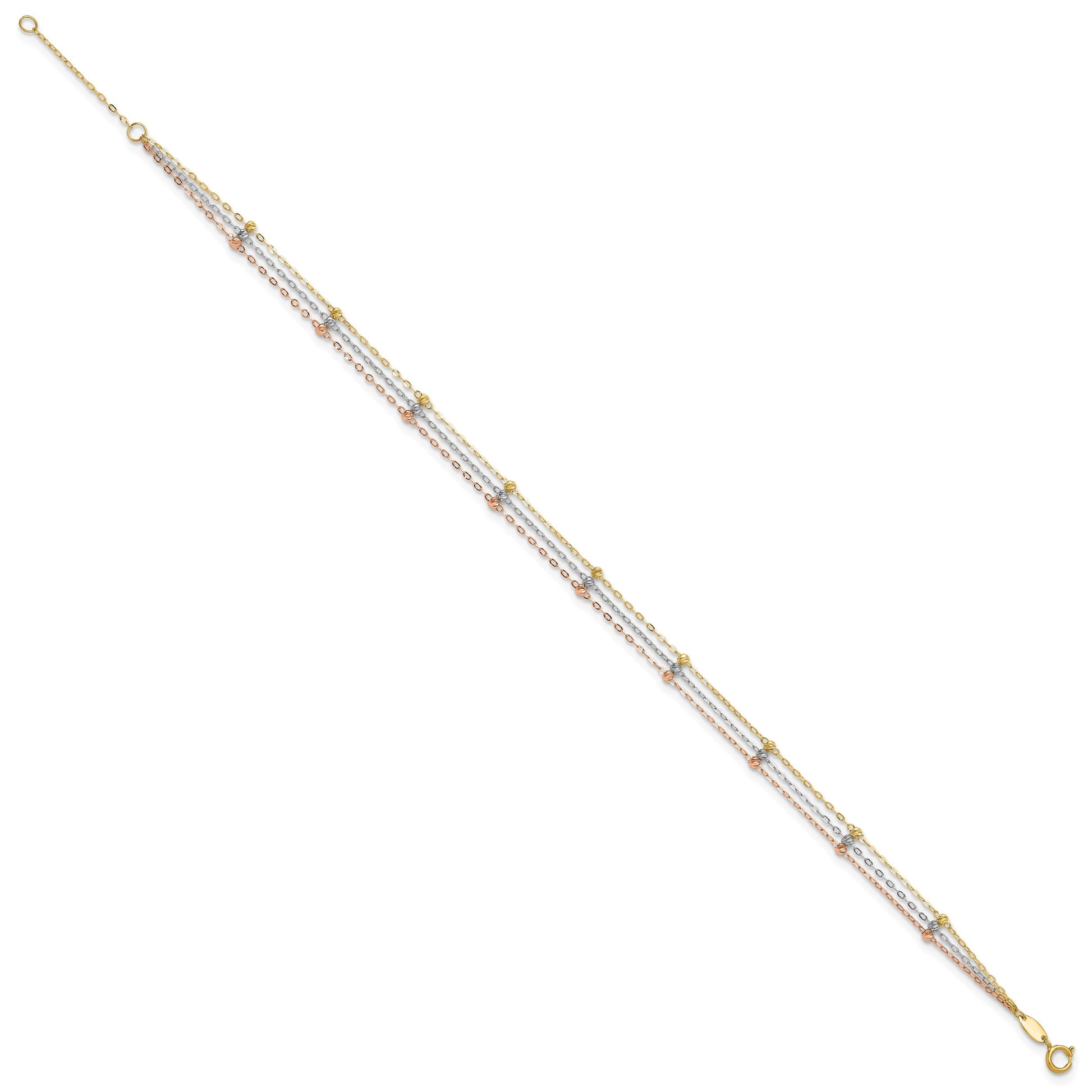 14k Tri-color 3-Strand Diamond-cut Beaded 9-Station 9 inch Plus 1 inch Extender - Total 10 inch Anklet