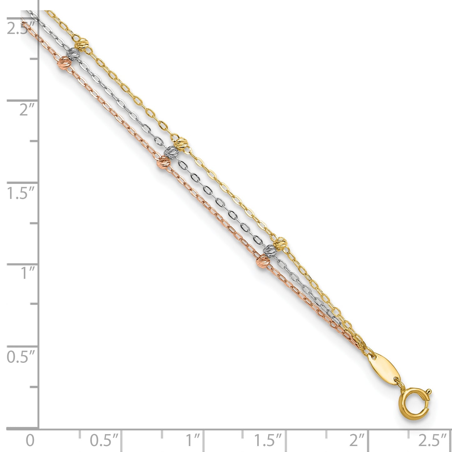 14k Tri-color 3-Strand Diamond-cut Beaded 9-Station 9 inch Plus 1 inch Extender - Total 10 inch Anklet