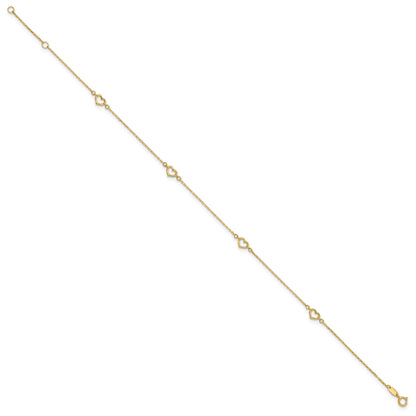 14K Open Hearts 4-Station 10 inch Plus 1 inch Extender - Total 11 inch Anklet