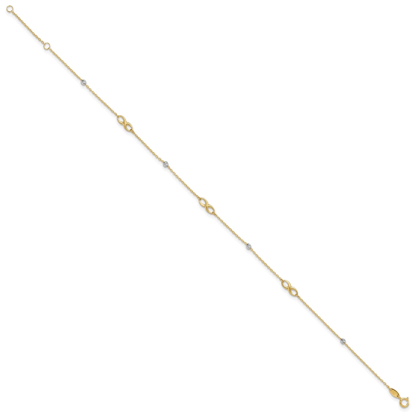 14K Two-Tone Diamond-cut Beads and Infinity 10 inch Plus 1 inch Extender - Total 11 inch Anklet