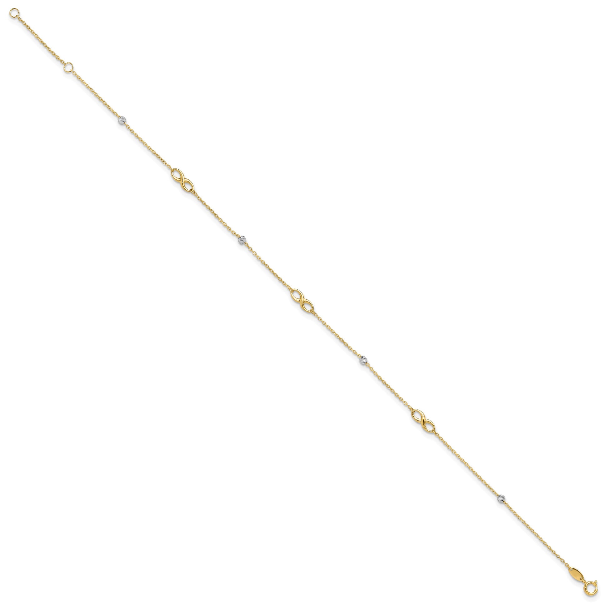 14K Two-Tone Diamond-cut Beads and Infinity 10 inch Plus 1 inch Extender - Total 11 inch Anklet