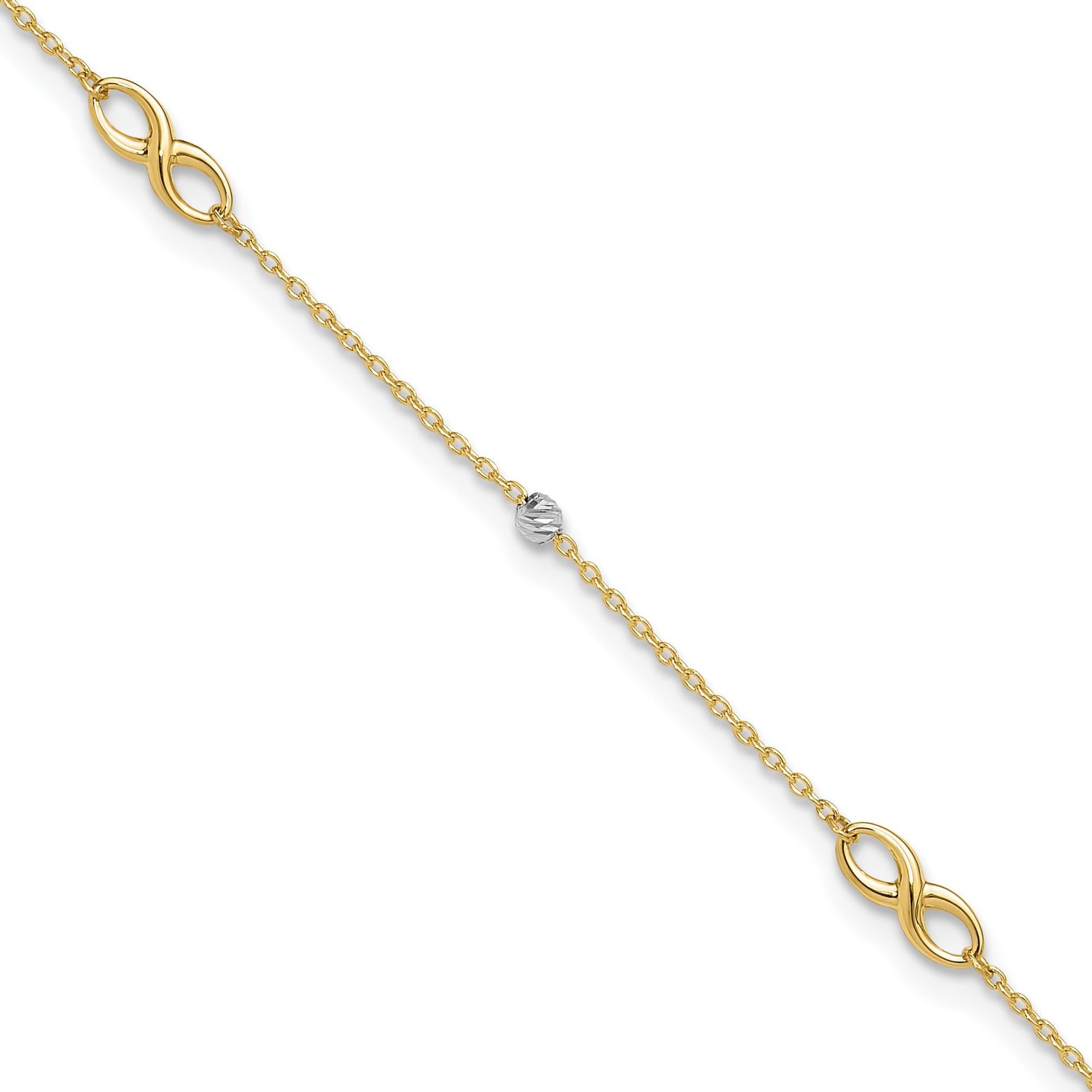 14K Two-Tone Diamond-cut Beads and Infinity 10 inch Plus 1 inch Extender - Total 11 inch Anklet
