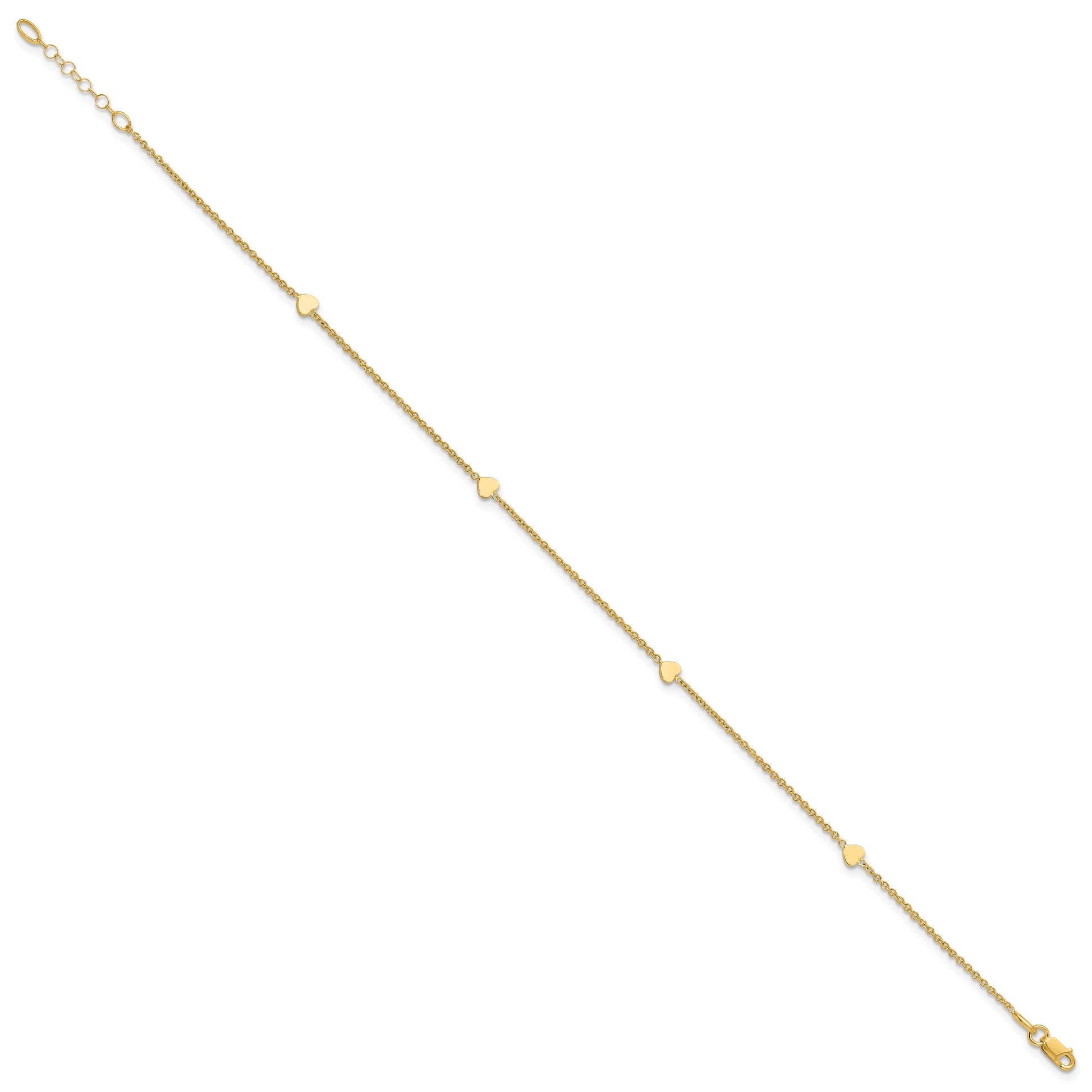 14K Polished Hearts 4-Station 10 inch Plus 1 inch Extender - Total 11 inch Anklet