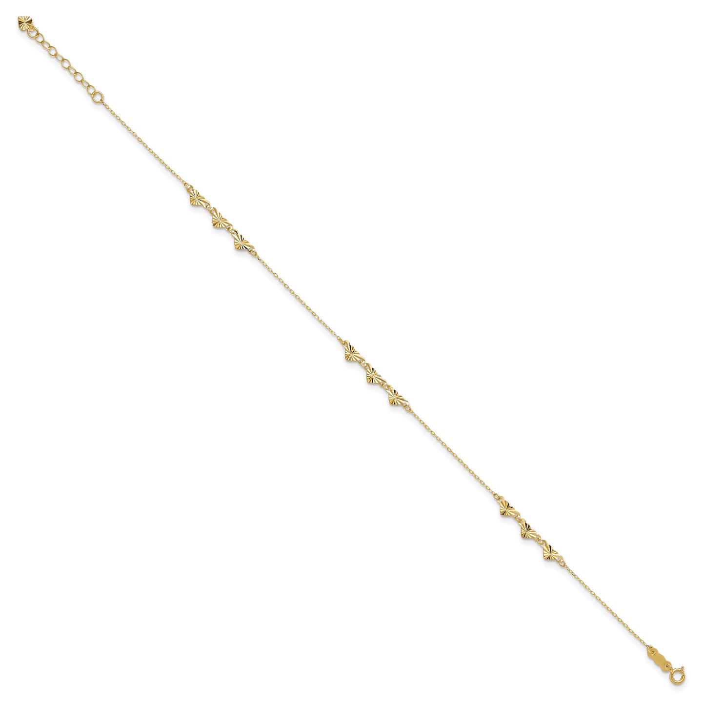 14K Diamond-cut Hearts 9 inch Plus 1 inch Extender - Total 10 inch Anklet