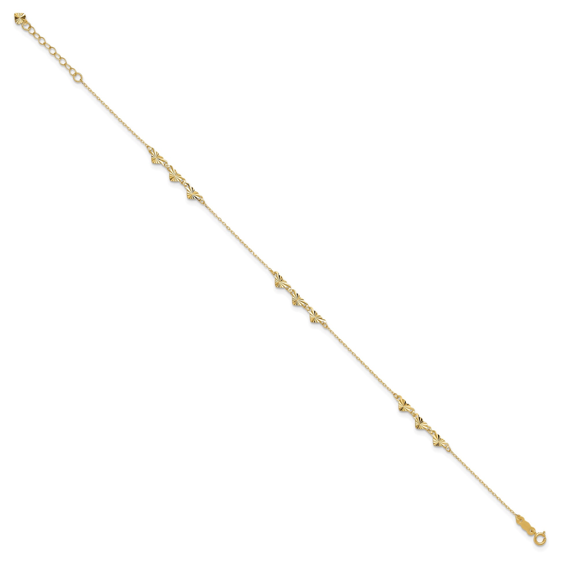 14K Diamond-cut Hearts 9 inch Plus 1 inch Extender - Total 10 inch Anklet