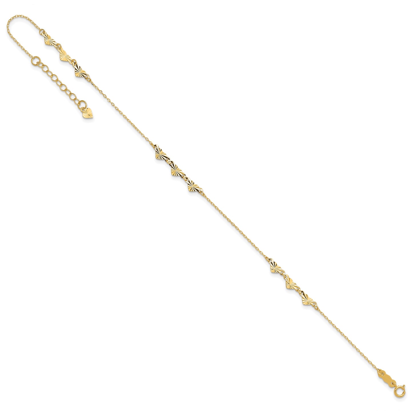 14K Diamond-cut Hearts 9 inch Plus 1 inch Extender - Total 10 inch Anklet