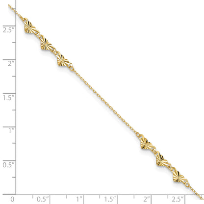 14K Diamond-cut Hearts 9 inch Plus 1 inch Extender - Total 10 inch Anklet