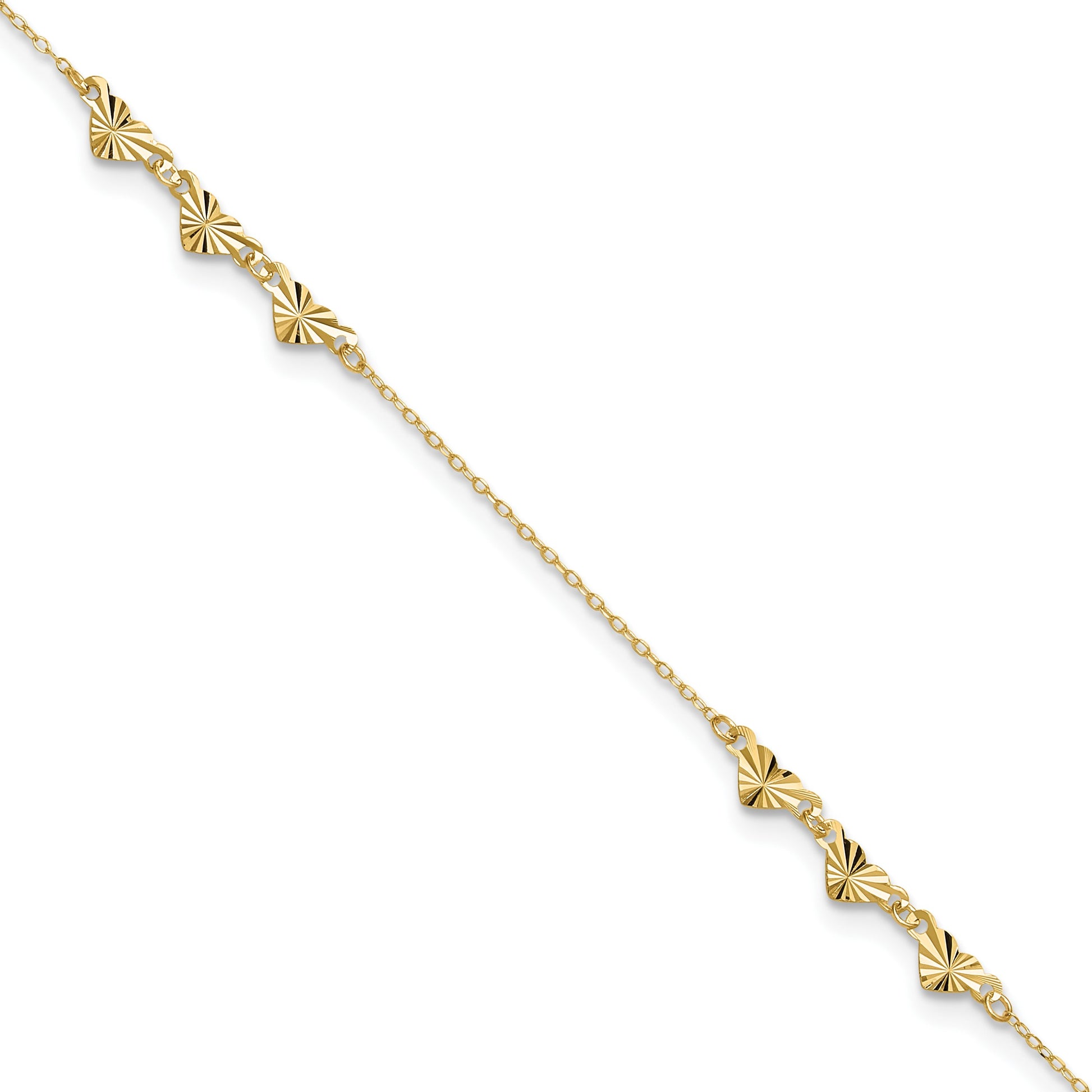 14K Diamond-cut Hearts 9 inch Plus 1 inch Extender - Total 10 inch Anklet