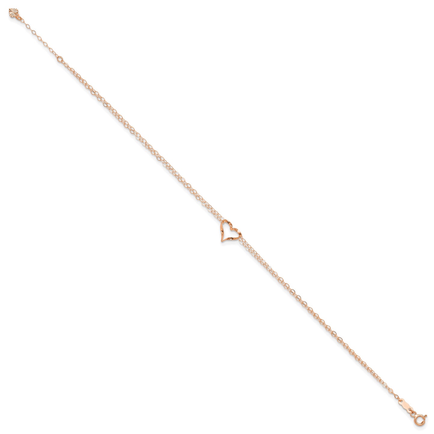 14k Rose Gold Double Strand Chain Twisted Heart 9 inch Plus 1 inch Extender - Total 10 inch Anklet