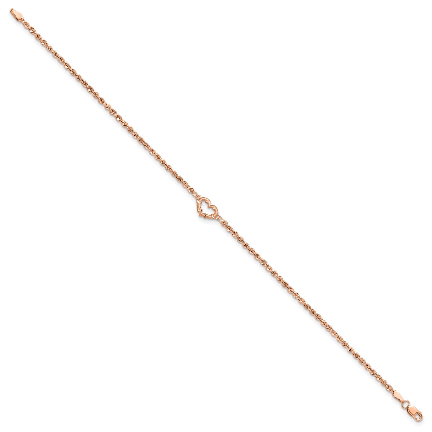 14k Rose Gold Diamond-cut Open Heart and Rope Chain 10 inch Anklet