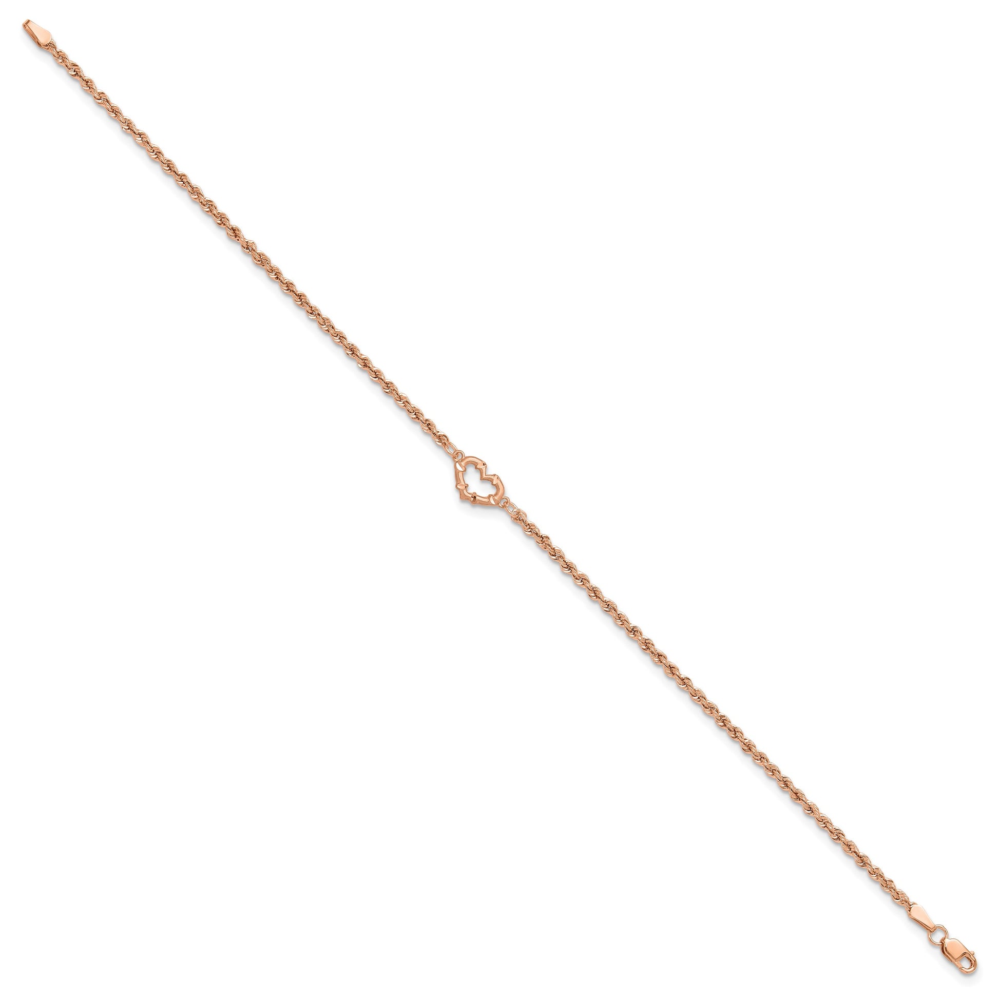 14k Rose Gold Diamond-cut Open Heart and Rope Chain 9 inch Anklet