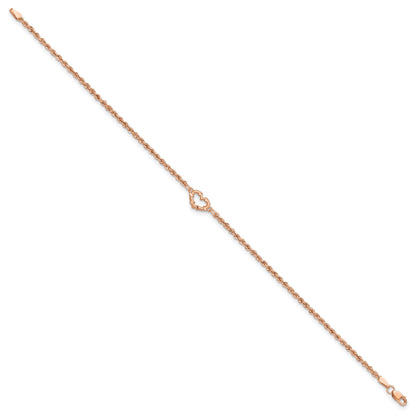 14k Rose Gold Diamond-cut Open Heart and Rope Chain 9 inch Anklet