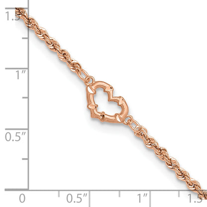 14k Rose Gold Diamond-cut Open Heart and Rope Chain 9 inch Anklet