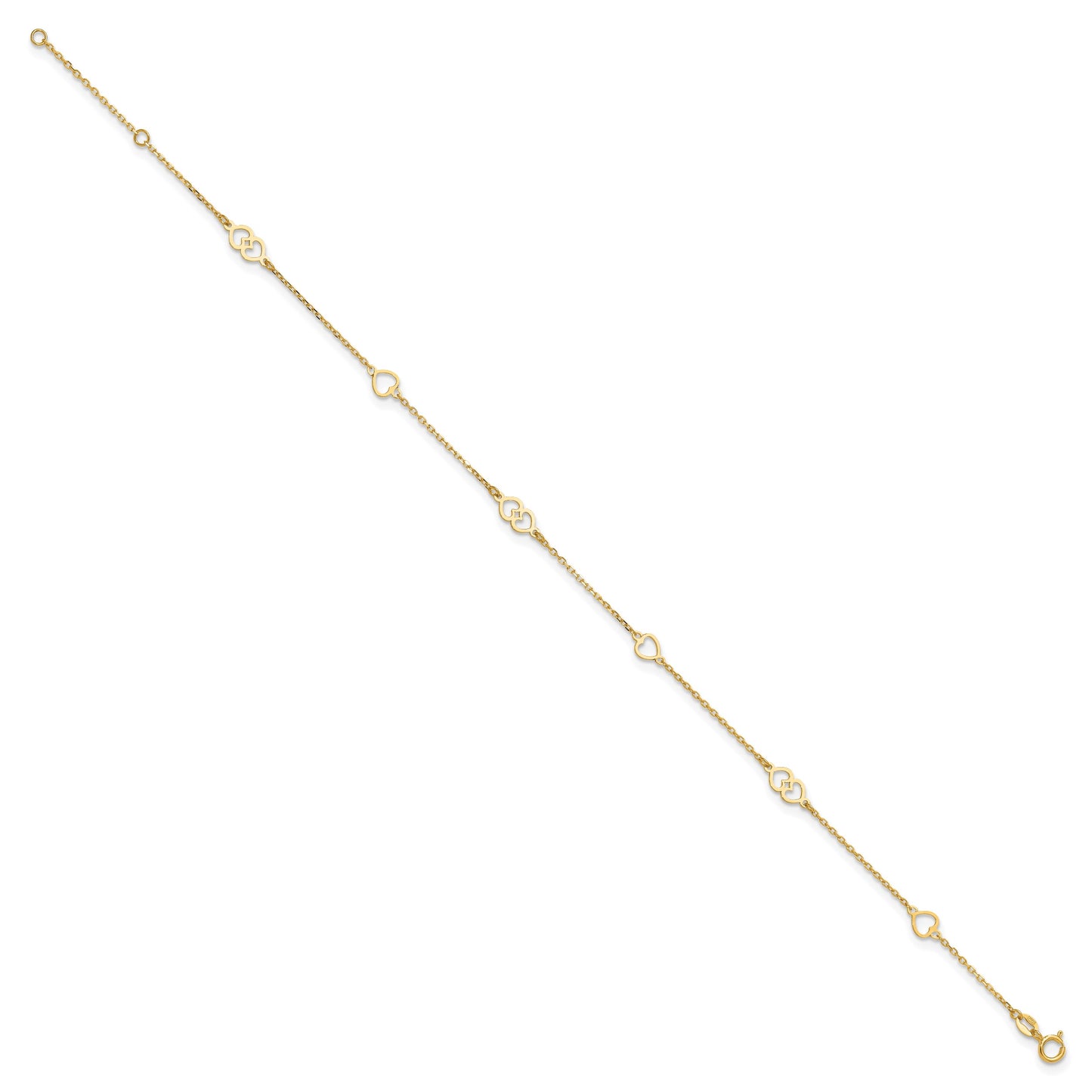 14K Polished Heart Links and Chain 9 inch Plus 1 inch Extender - Total 10 inch Anklet
