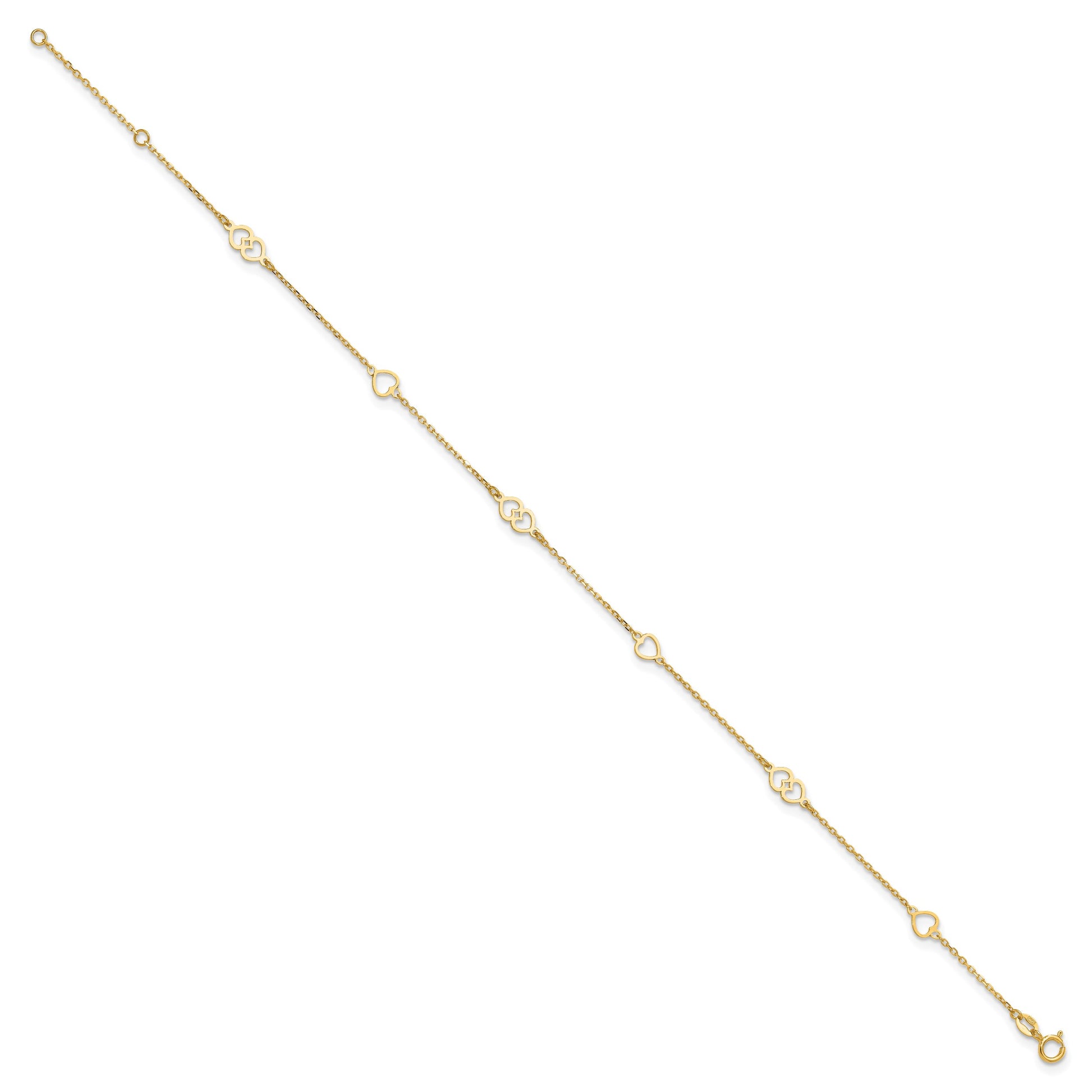 14K Polished Heart Links and Chain 9 inch Plus 1 inch Extender - Total 10 inch Anklet