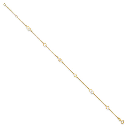 14K Polished Heart Links and Chain 9 inch Plus 1 inch Extender - Total 10 inch Anklet