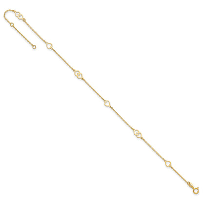 14K Polished Heart Links and Chain 9 inch Plus 1 inch Extender - Total 10 inch Anklet