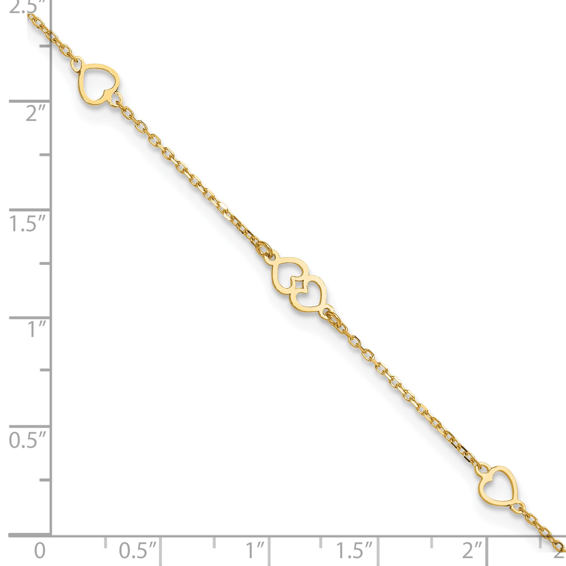 14K Polished Heart Links and Chain 9 inch Plus 1 inch Extender - Total 10 inch Anklet