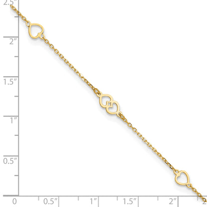 14K Polished Heart Links and Chain 9 inch Plus 1 inch Extender - Total 10 inch Anklet