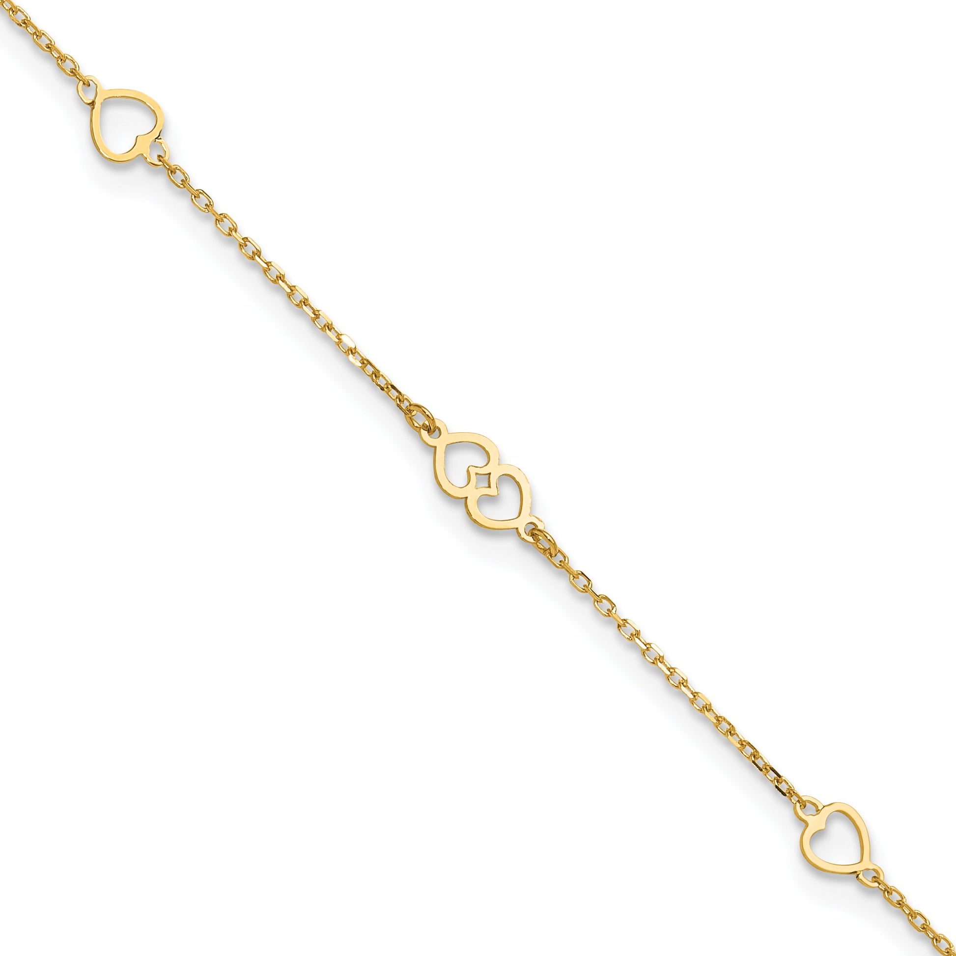 14K Polished Heart Links and Chain 9 inch Plus 1 inch Extender - Total 10 inch Anklet