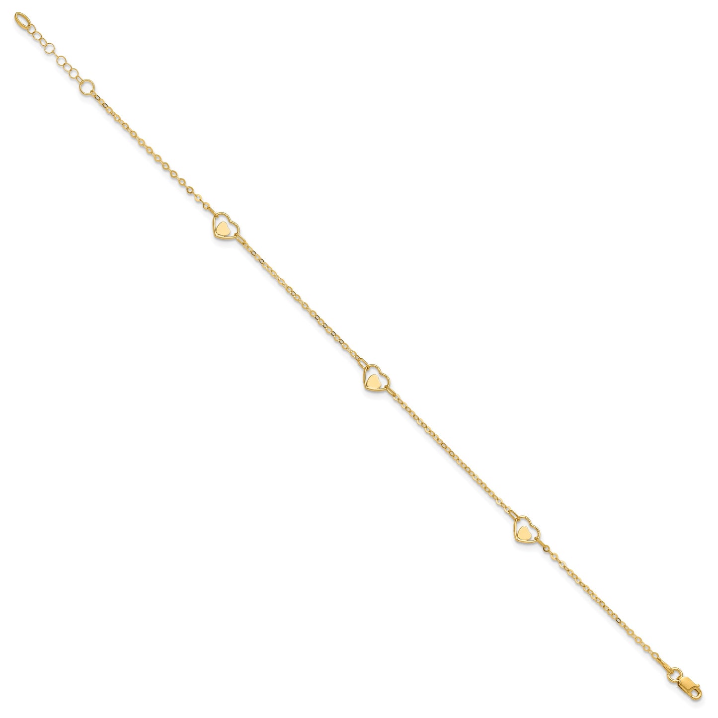 14K Polished Heart-in-Heart Links 3-Station 9 inch Plus 1 inch Extender - Total 10 inch Anklet