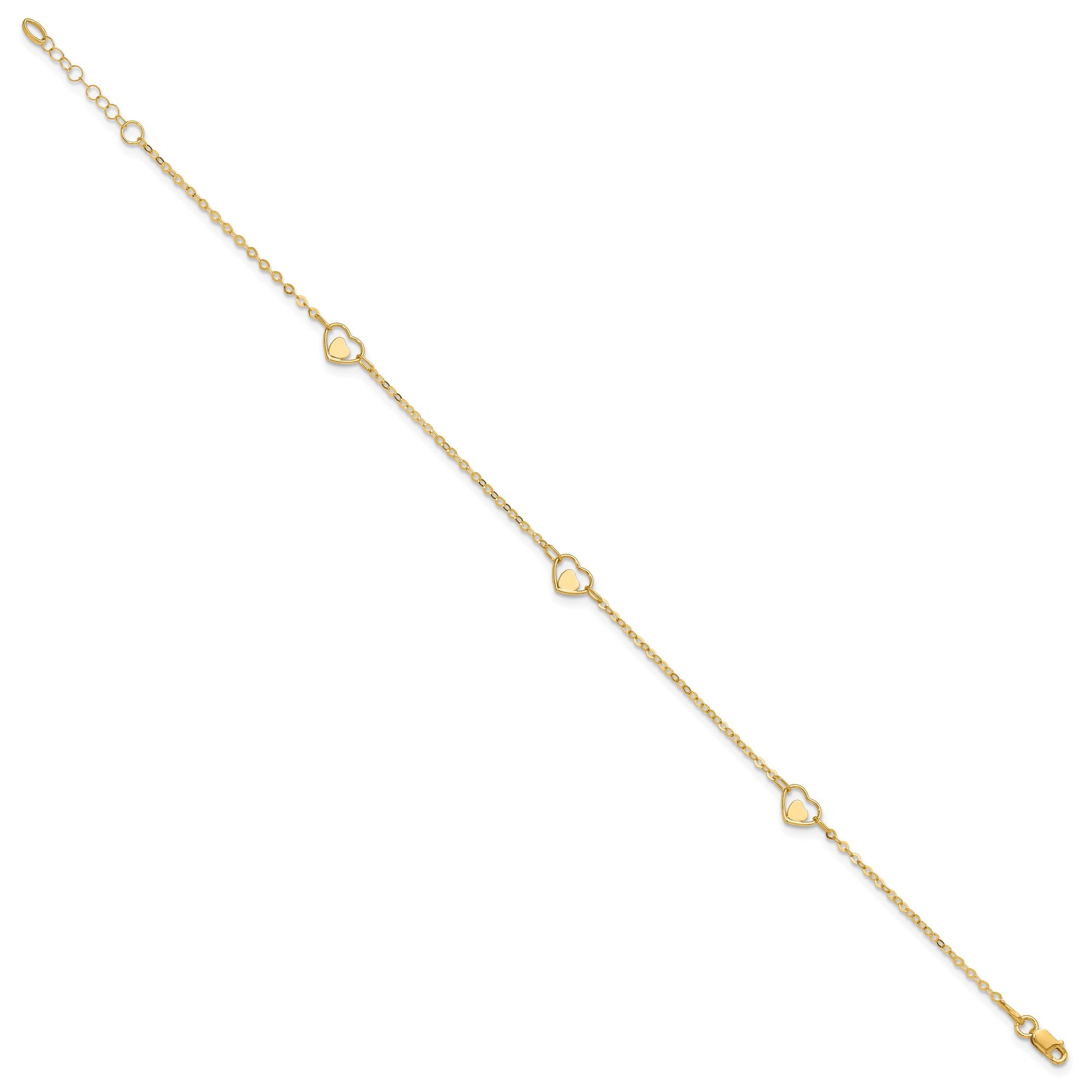 14K Polished Heart-in-Heart Links 3-Station 9 inch Plus 1 inch Extender - Total 10 inch Anklet