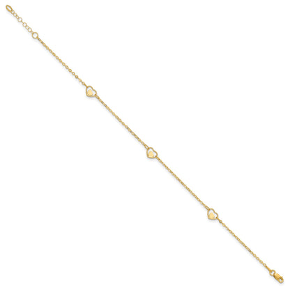 14K Polished Heart-in-Heart Links 3-Station 9 inch Plus 1 inch Extender - Total 10 inch Anklet