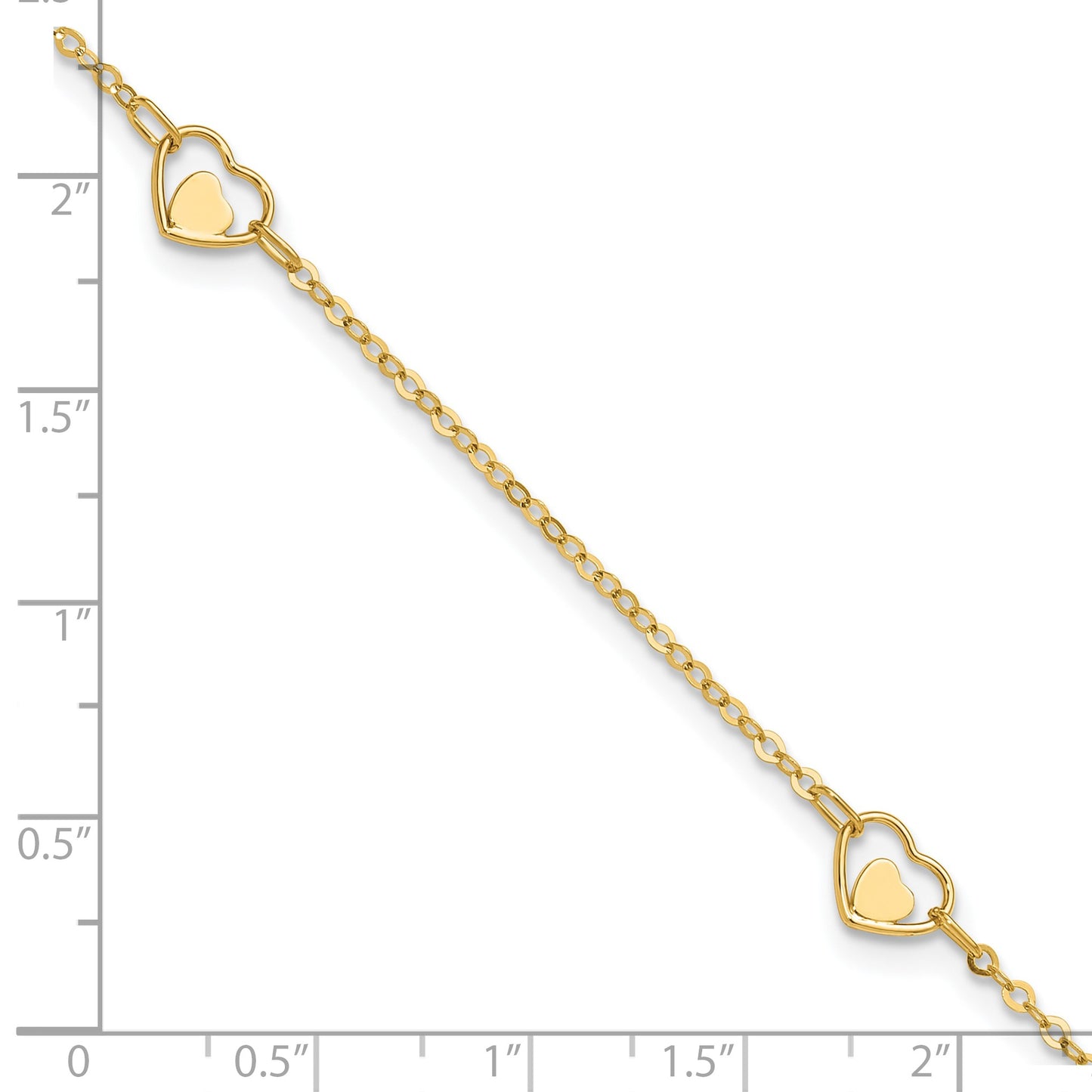 14K Polished Heart-in-Heart Links 3-Station 9 inch Plus 1 inch Extender - Total 10 inch Anklet