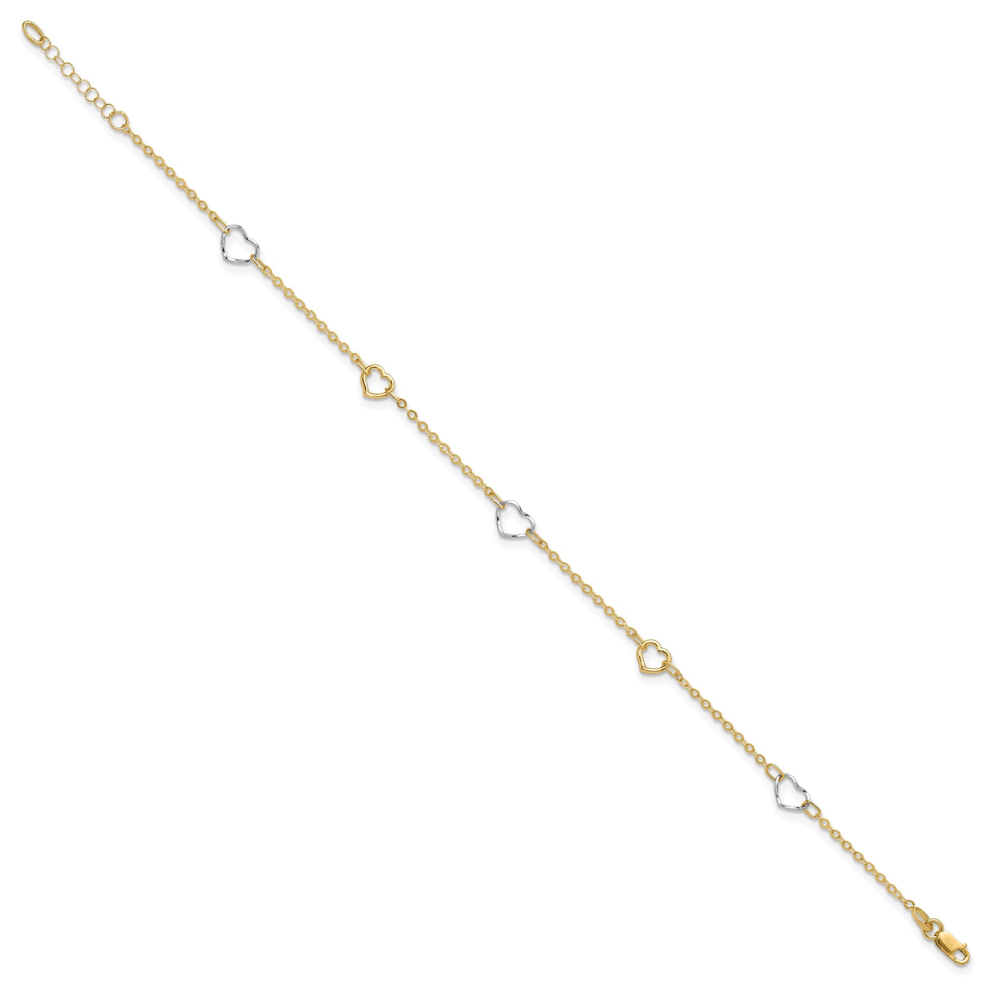 14K Two-tone Polished Open Hearts 5-Station 9 inch Plus 1 inch Extender - Total 10 inch Anklet