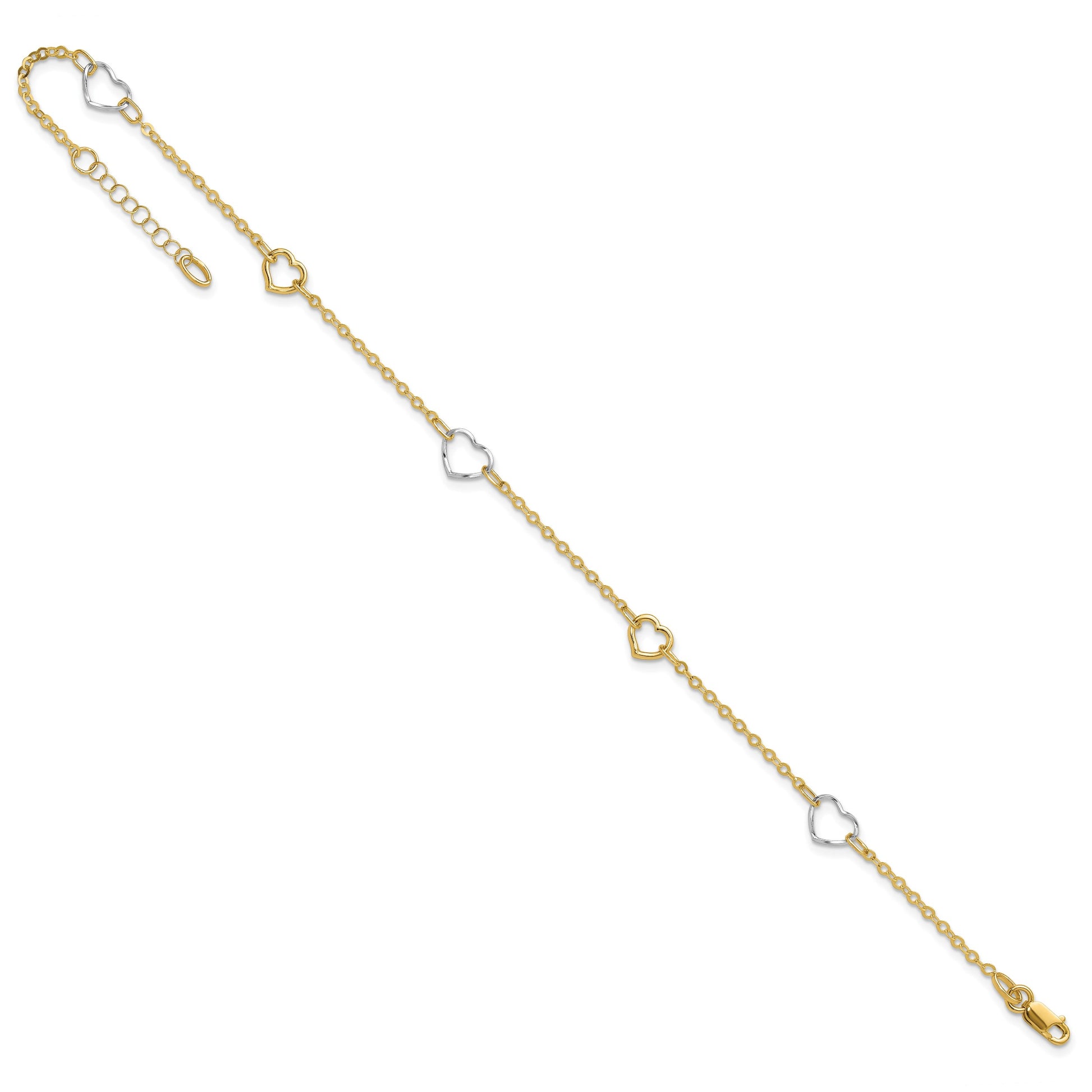 14K Two-tone Polished Open Hearts 5-Station 9 inch Plus 1 inch Extender - Total 10 inch Anklet