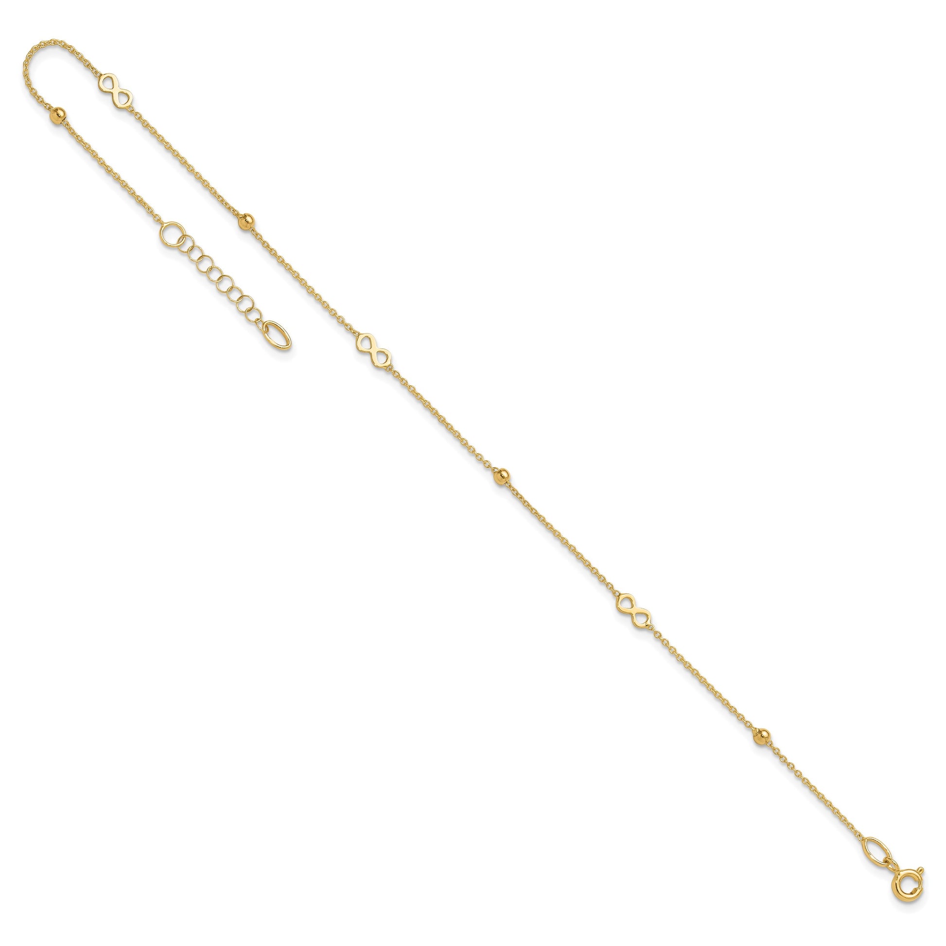 14K Polished Infinity and Beads 9 inch Plus 1 inch Extender - Total 10 inch Anklet