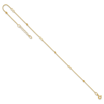 14K Polished Infinity and Beads 9 inch Plus 1 inch Extender - Total 10 inch Anklet