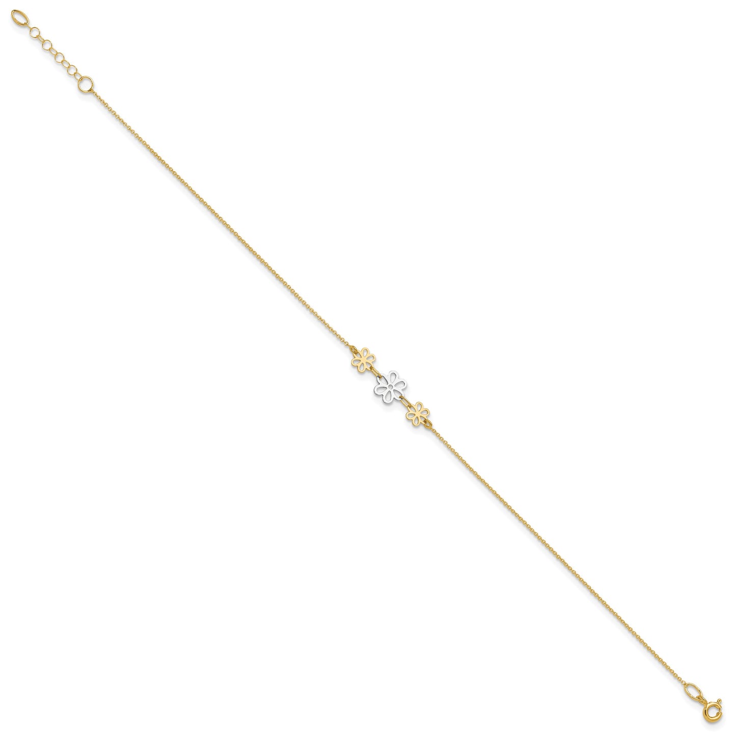 14K Two-tone Polished Three Cut-out Flowers 9 inch Plus 1 inch Extender - Total 10 inch Anklet