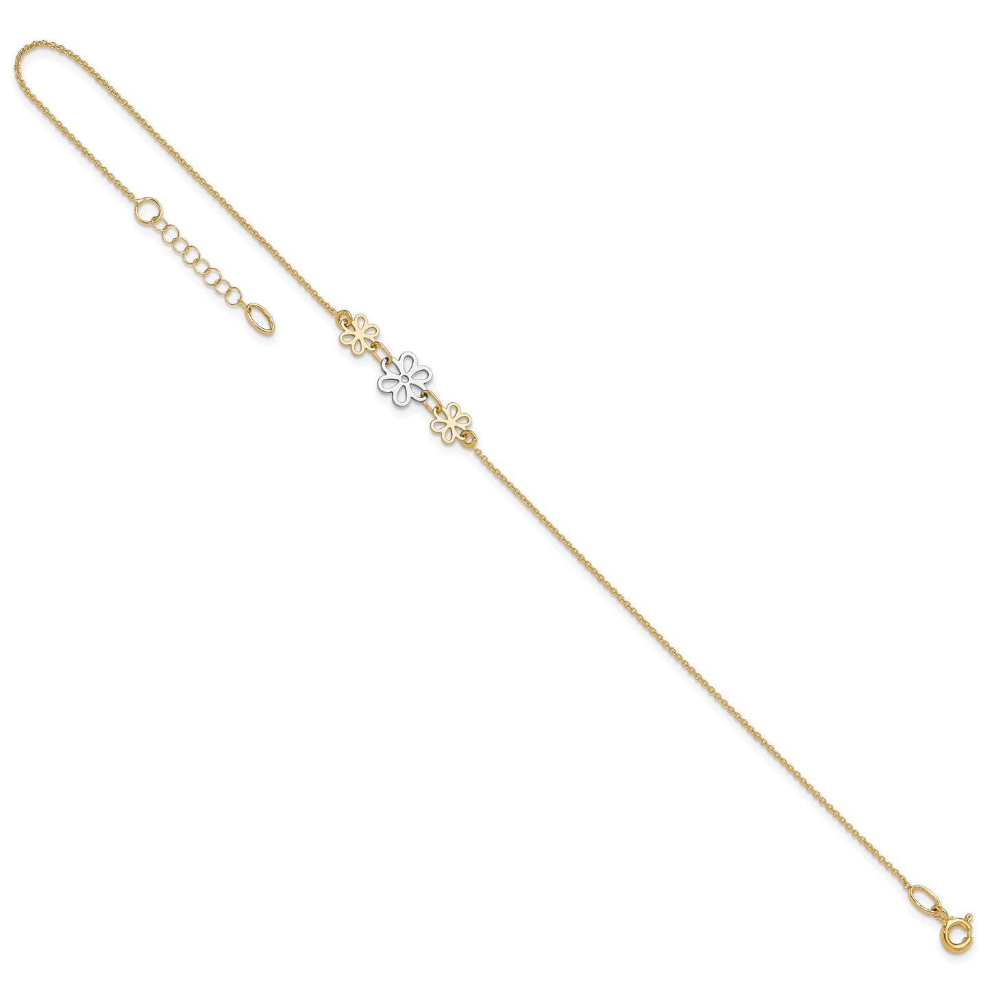 14K Two-tone Polished Three Cut-out Flowers 9 inch Plus 1 inch Extender - Total 10 inch Anklet