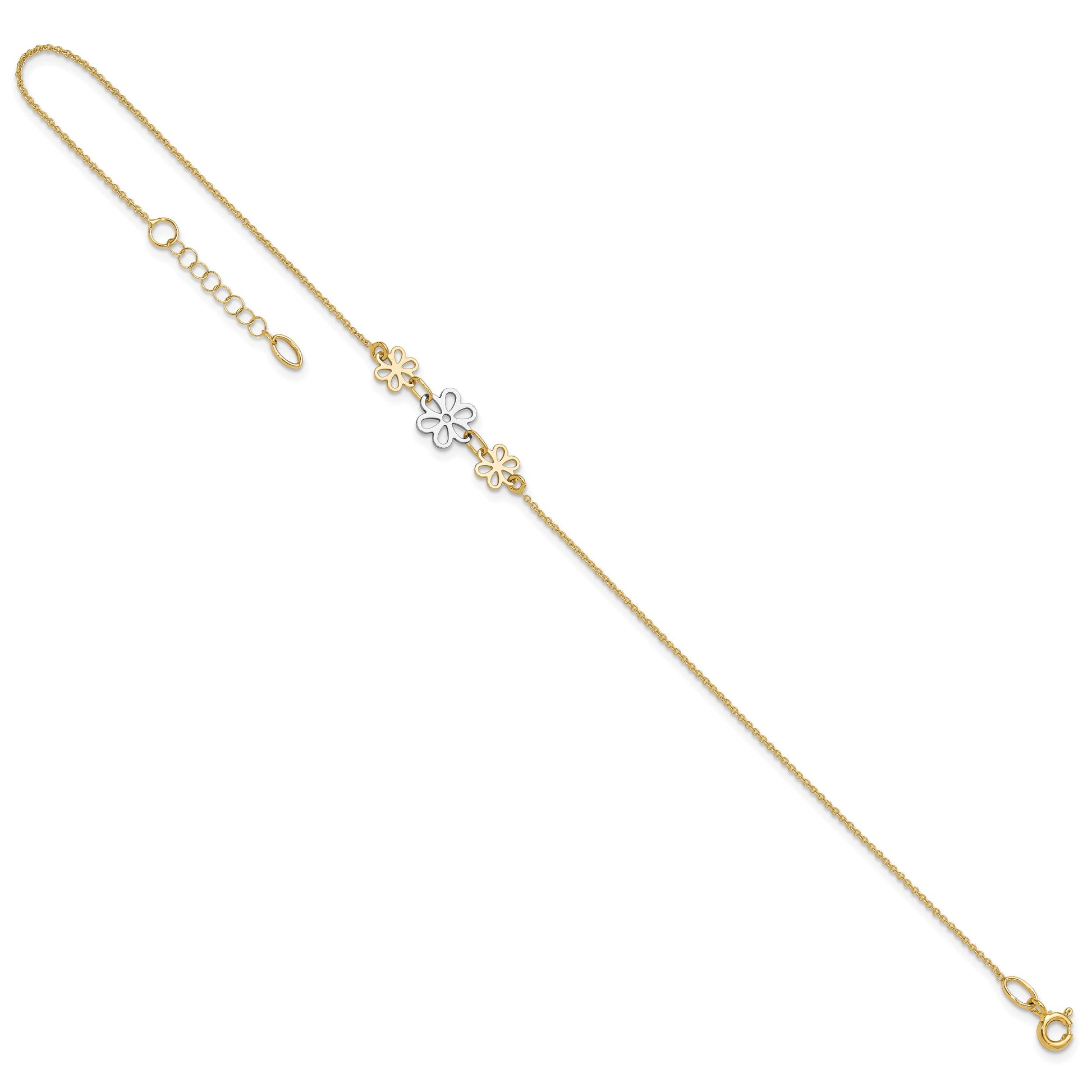 14K Two-tone Polished Three Cut-out Flowers 9 inch Plus 1 inch Extender - Total 10 inch Anklet