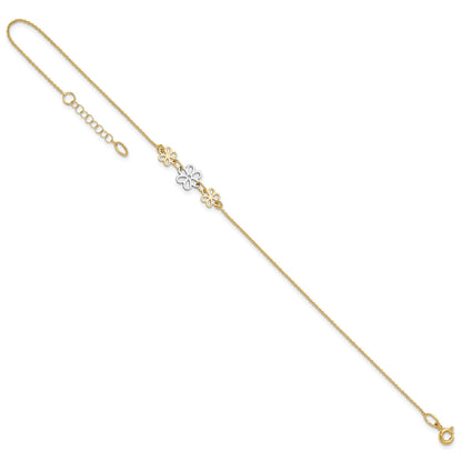 14K Two-tone Polished Three Cut-out Flowers 9 inch Plus 1 inch Extender - Total 10 inch Anklet