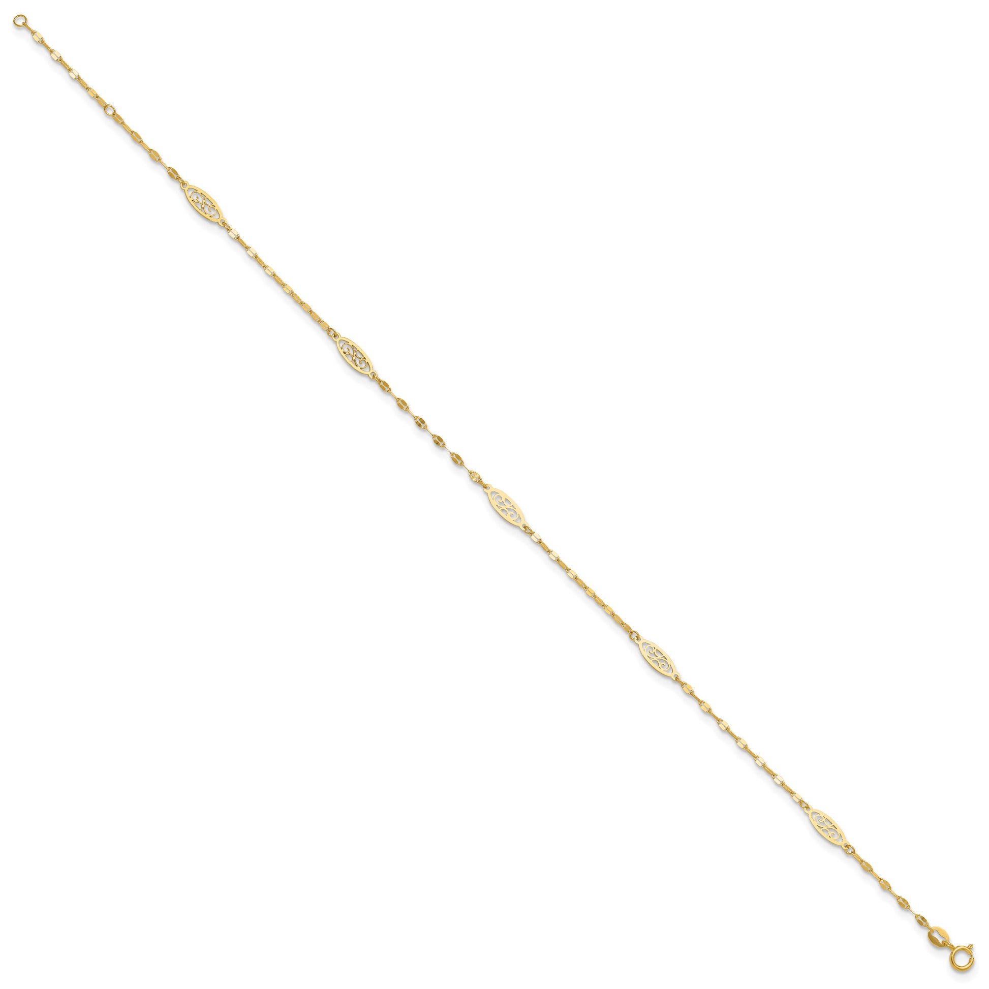 14K Fancy Filigree Link 5-Station 9 inch Plus 1 inch Extender - Total 10 inch Anklet