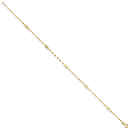 14K Fancy Filigree Link 5-Station 9 inch Plus 1 inch Extender - Total 10 inch Anklet