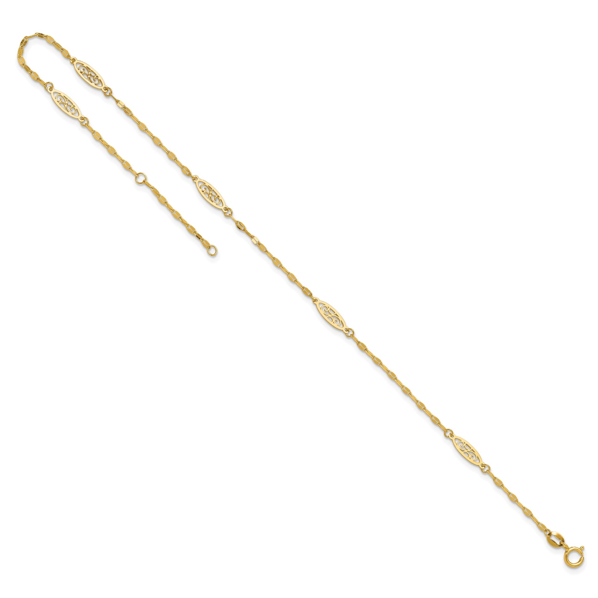 14K Fancy Filigree Link 5-Station 9 inch Plus 1 inch Extender - Total 10 inch Anklet