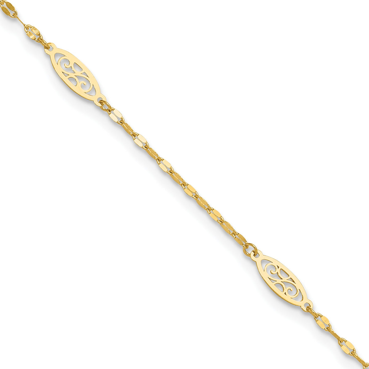 14K Fancy Filigree Link 5-Station 9 inch Plus 1 inch Extender - Total 10 inch Anklet