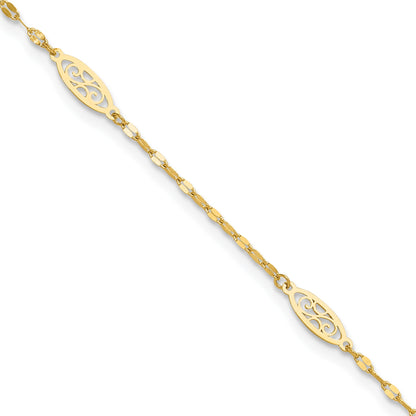 14K Fancy Filigree Link 5-Station 9 inch Plus 1 inch Extender - Total 10 inch Anklet