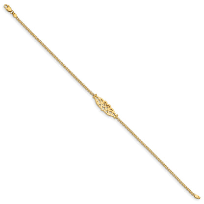 14k Polished Filigree Heart and Bismark Chain 9 inch Anklet