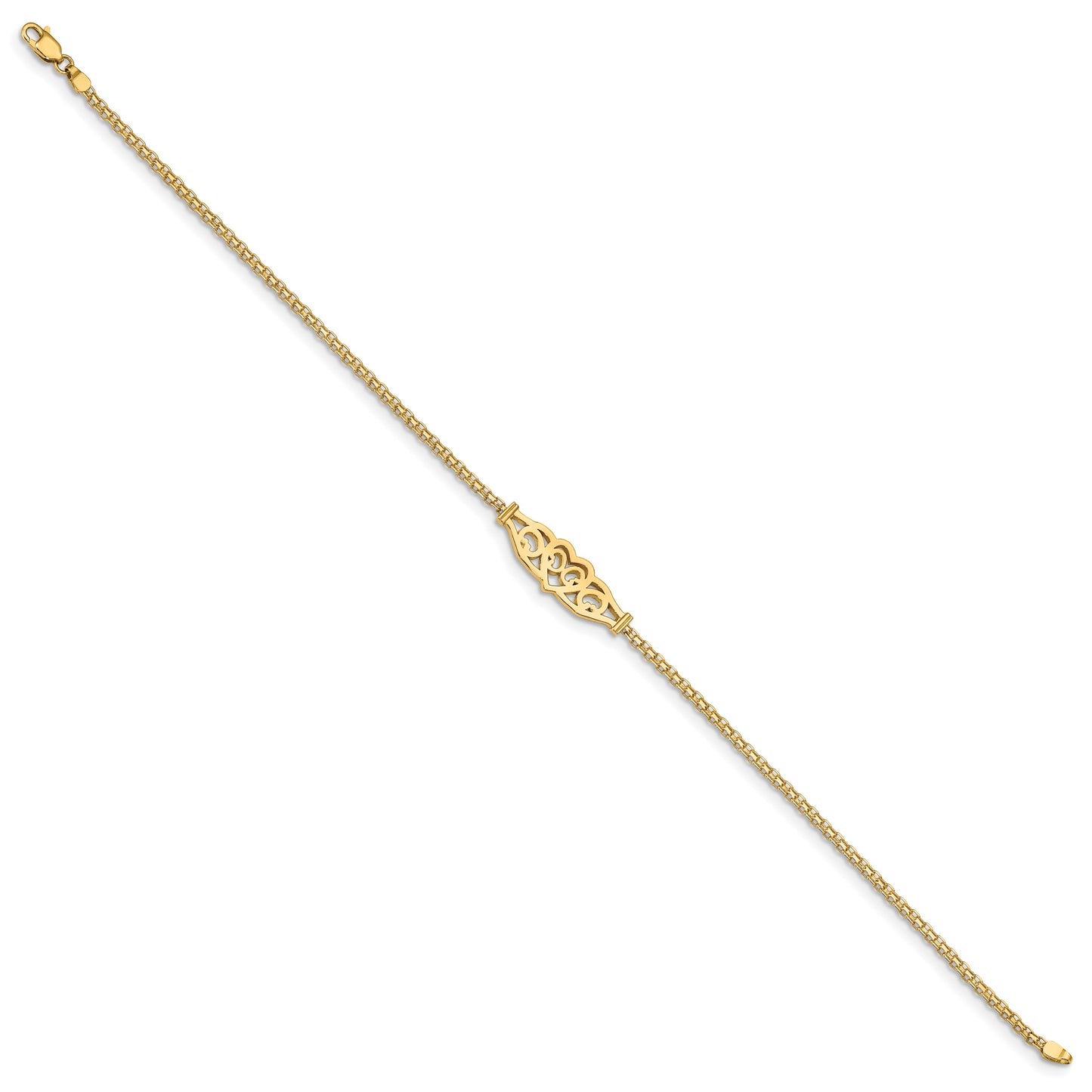 14k Polished Filigree Heart and Bismark Chain 10 inch Anklet