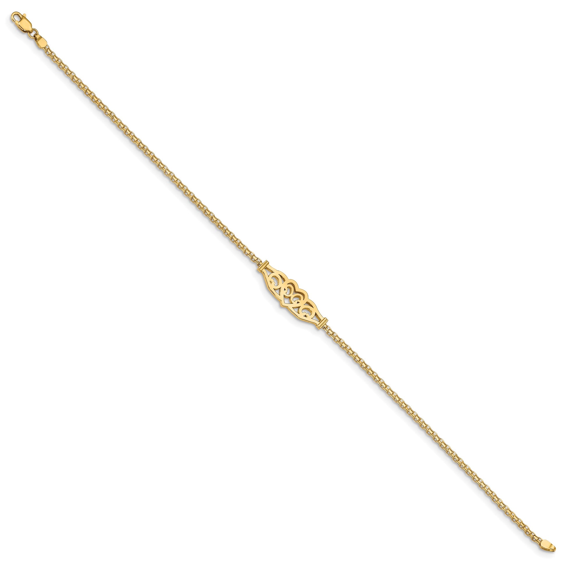 14k Polished Filigree Heart and Bismark Chain 10 inch Anklet